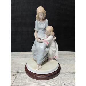 Vtg Meico Inc Porcelain Figurine of Mother & Daughter Reading a Book & Wood Base